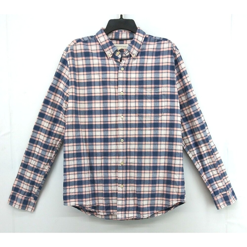 Aeropostale Shirt Men Size M Pink Blue Plaid Long Sleeve Casual Button Up Preppy